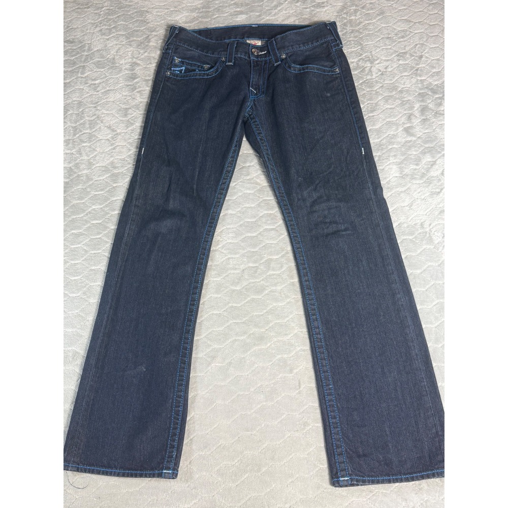True Religion Mens Straight Leg Jeans Blue Contrast Stitching Y2K Streetwear 32